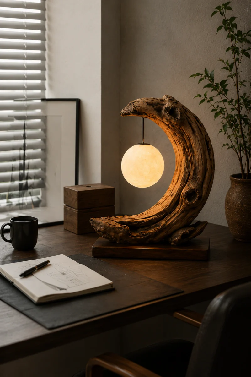 Crescent Moon Wooden Lamp